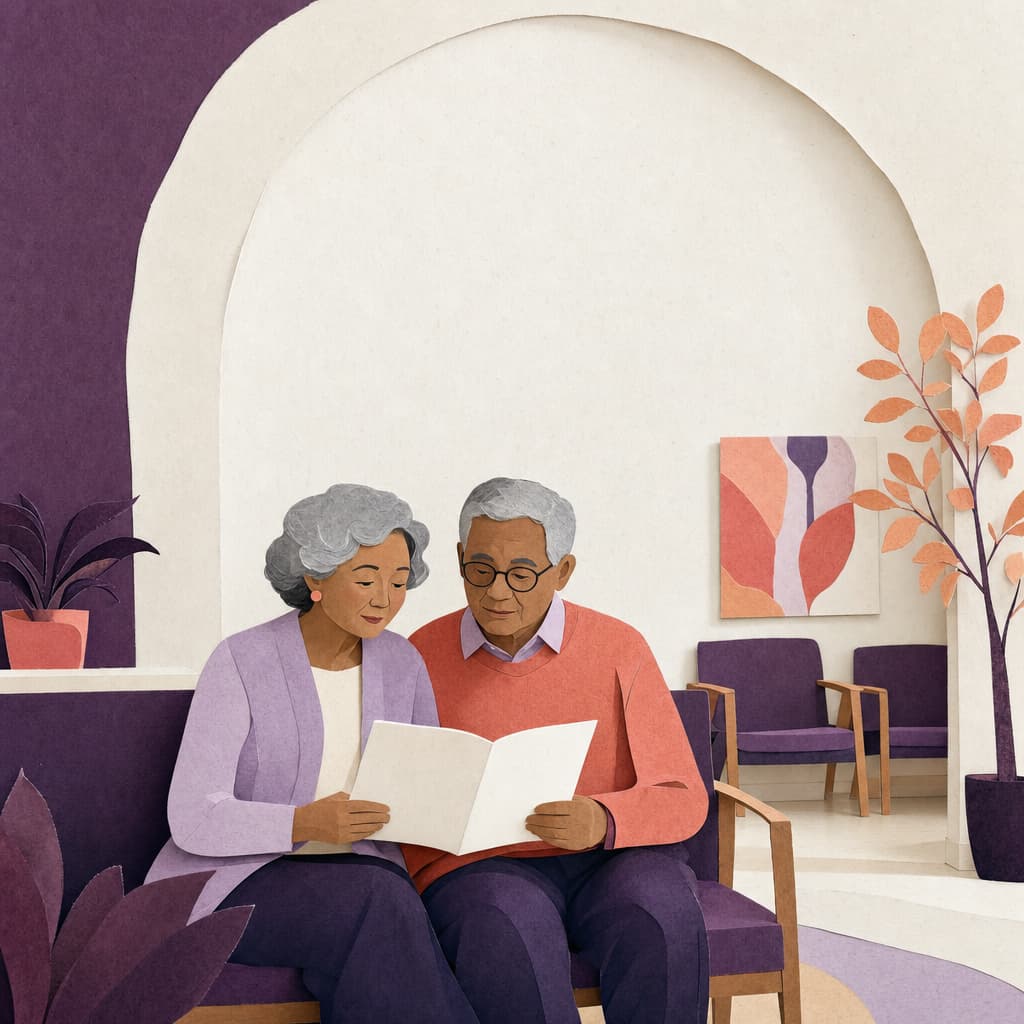 Paper-collage illustration of two older adults reading a care information booklet together
